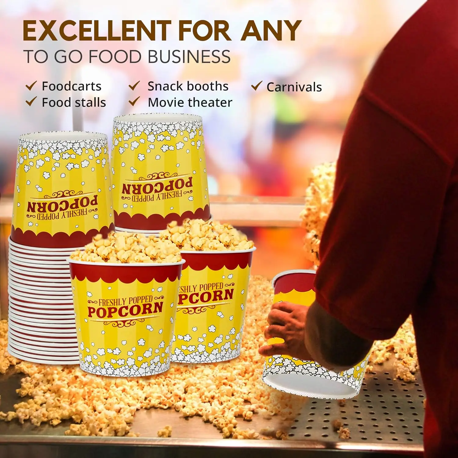 130 Oz Yellow and Red Paper Popcorn Containers Printed Solo Popcorn Tubs Disposable Low MOQ Popcorn Buckets
