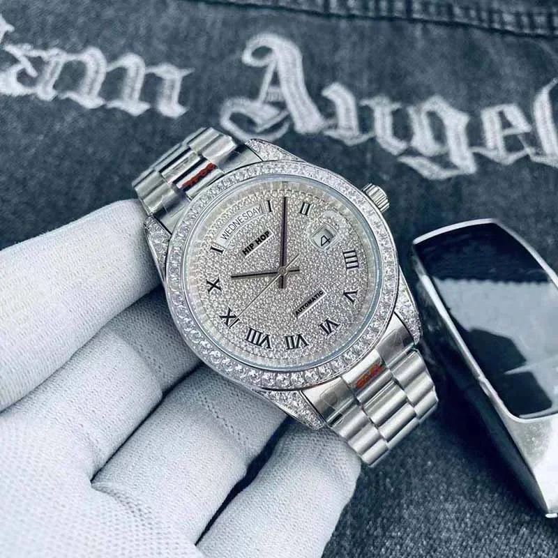 Hip Hop Jewelry Fully Iced Out Zircon Diamond Bust Down 41MM Stainless Steel Automatic Mechanical Watch