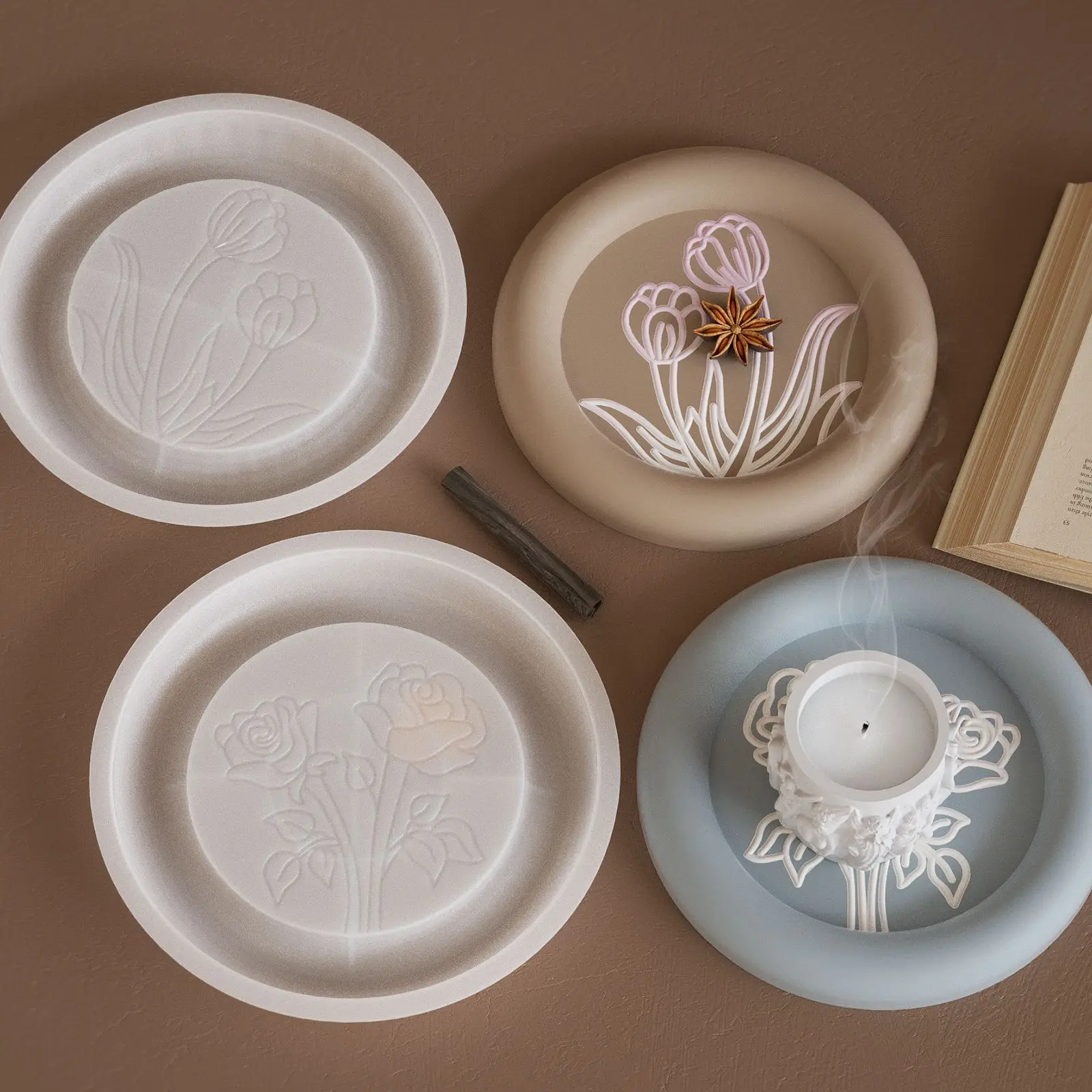DIY epoxy resin gypsum round arc rose tulip embossed pattern tray saucer silicone mold