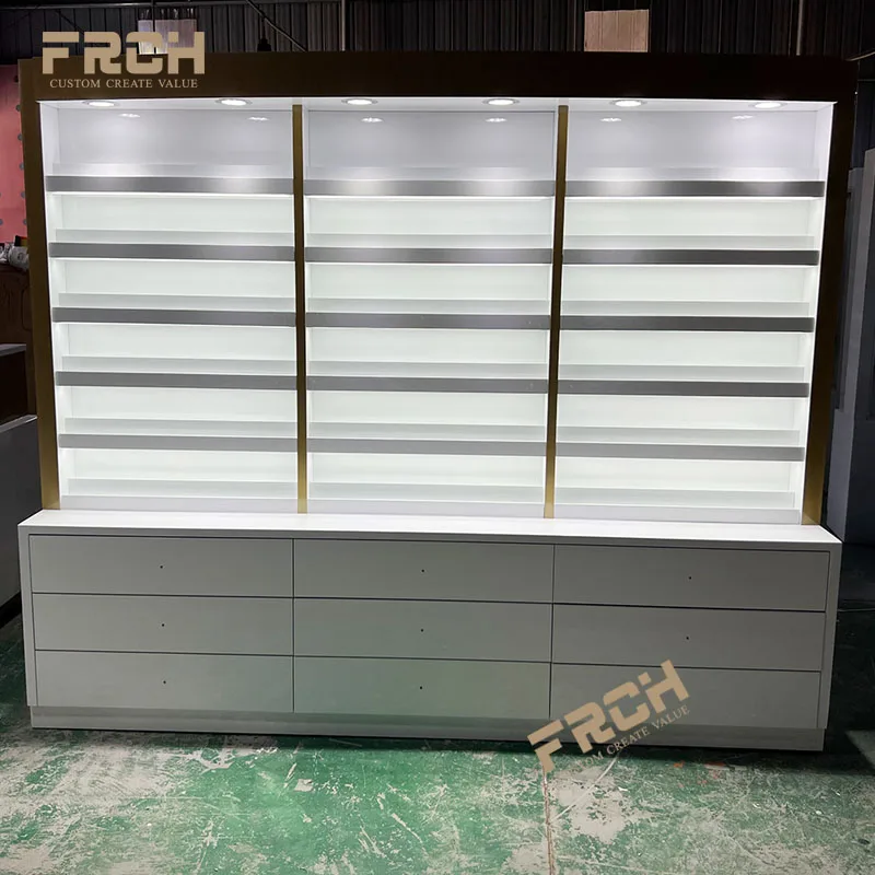 Custom Wood Nail Bar Gel Nail Polish & Powder Cosmetic Shelf Cabinet Display Floor Stand Rack