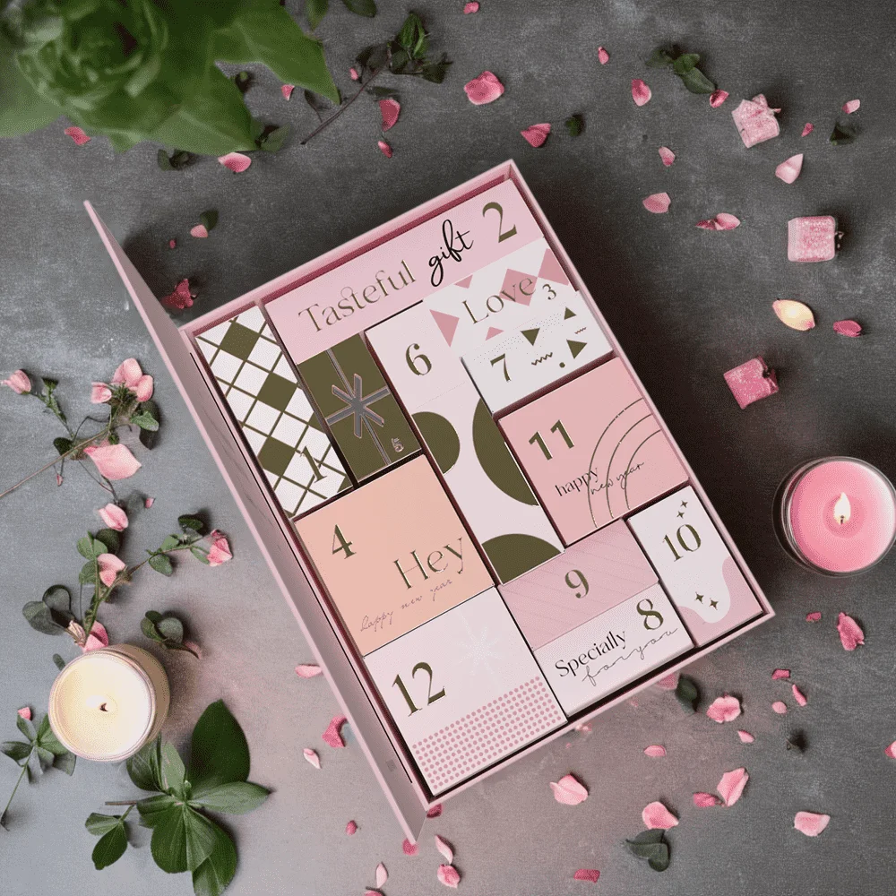 Custom Advent Calendar Cosmetic Gift Box Paper Box Luxury Pink Advent Calendar Box 12 Days