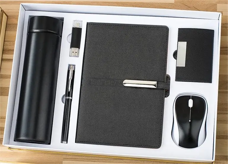 A5 Notebook+Sign Pen+Vacuum Flask+USB Flash Drive+Name Card Holder +Mouse Office Stationery Gift Set