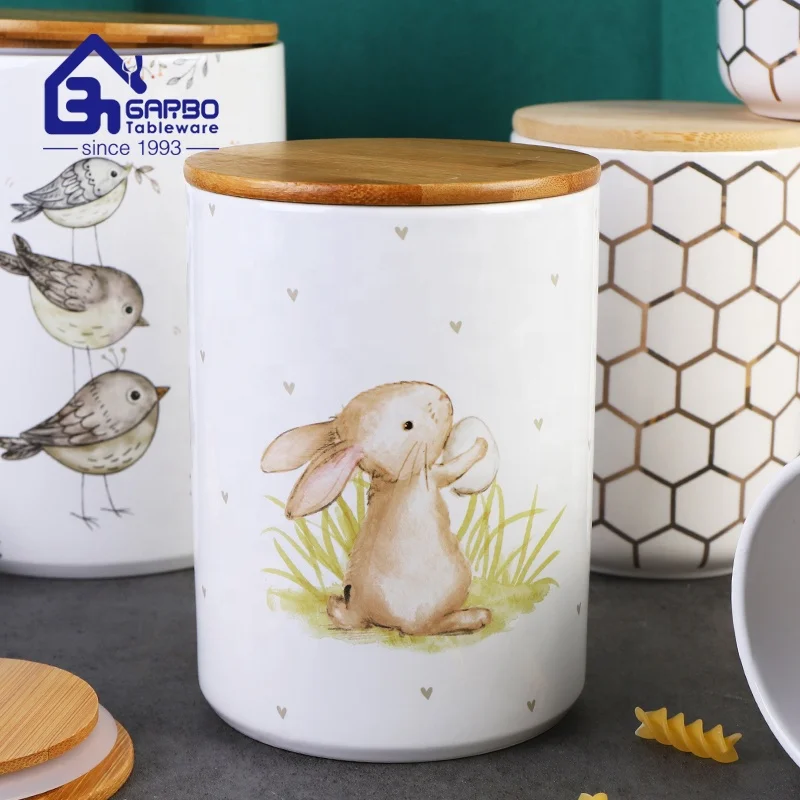 Straight shape ceramic food storage jar kitchenware 1280ml fresh food storage tank with bamboo lid nuts candy storage jar