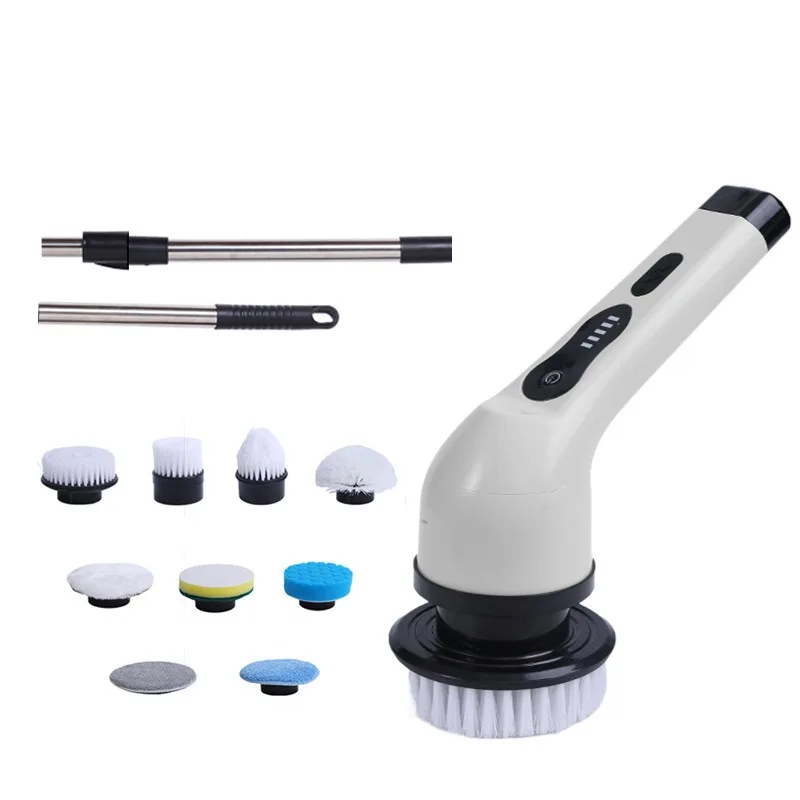 Cordless Electric Long Handle 9 Pcs Adjustable Brush Head Bathroom Floor Window House Cleaner Tool Set  Electric Spin Srubber