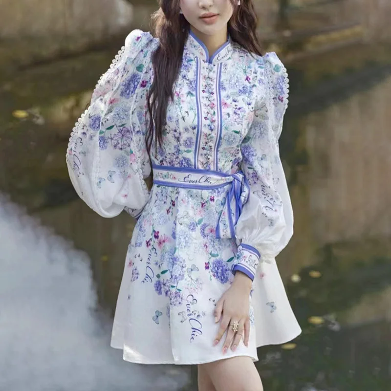 2023 Autumn New Style Retro Chinese Style Print Stand Collar Long Lantern Sleeve Single Breasted Floral Short Dress Women