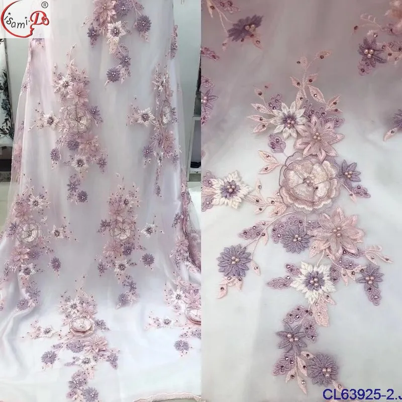 Luxury classical fashion 3d big flower beans high quality design fabric lace for wedding evening dress patch in lisami fabric