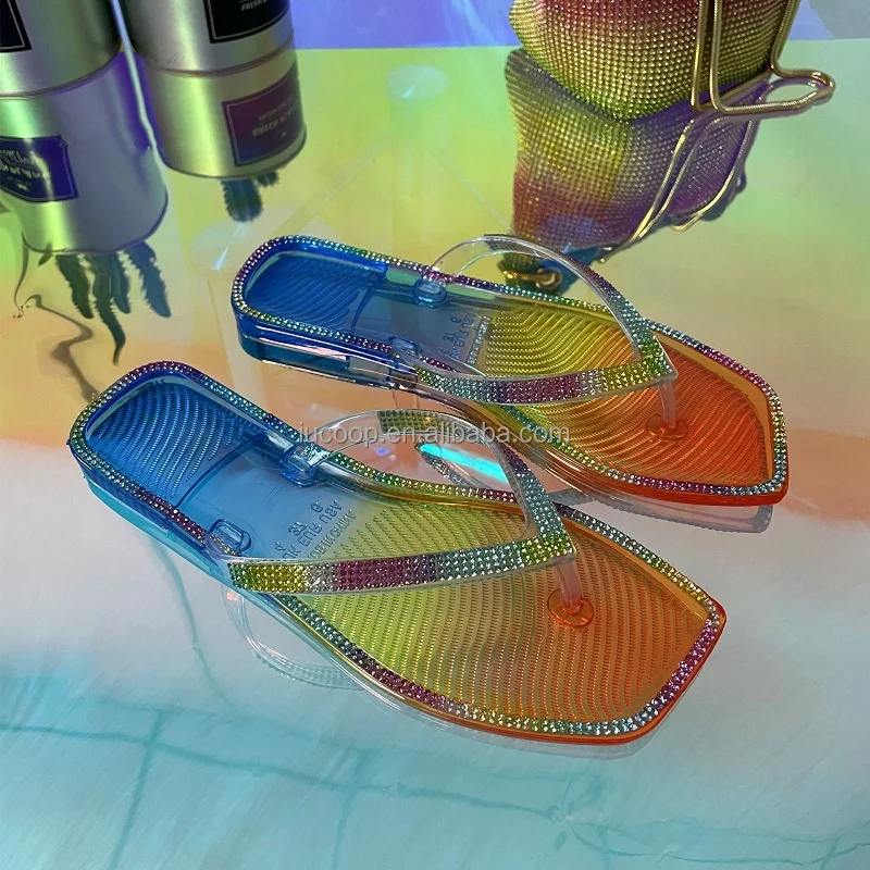 Hot selling rhinestones Crystal Jelly sandals Multi color slides slippers for women ladies candy color flat sandals Flip flops