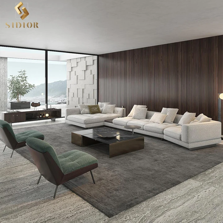 High End Furniture Minimalist Modern Grey Real Leather Sectional Linen Villa 8 Seater Couch Sofa Set L Shaped Corner Sofa Couch