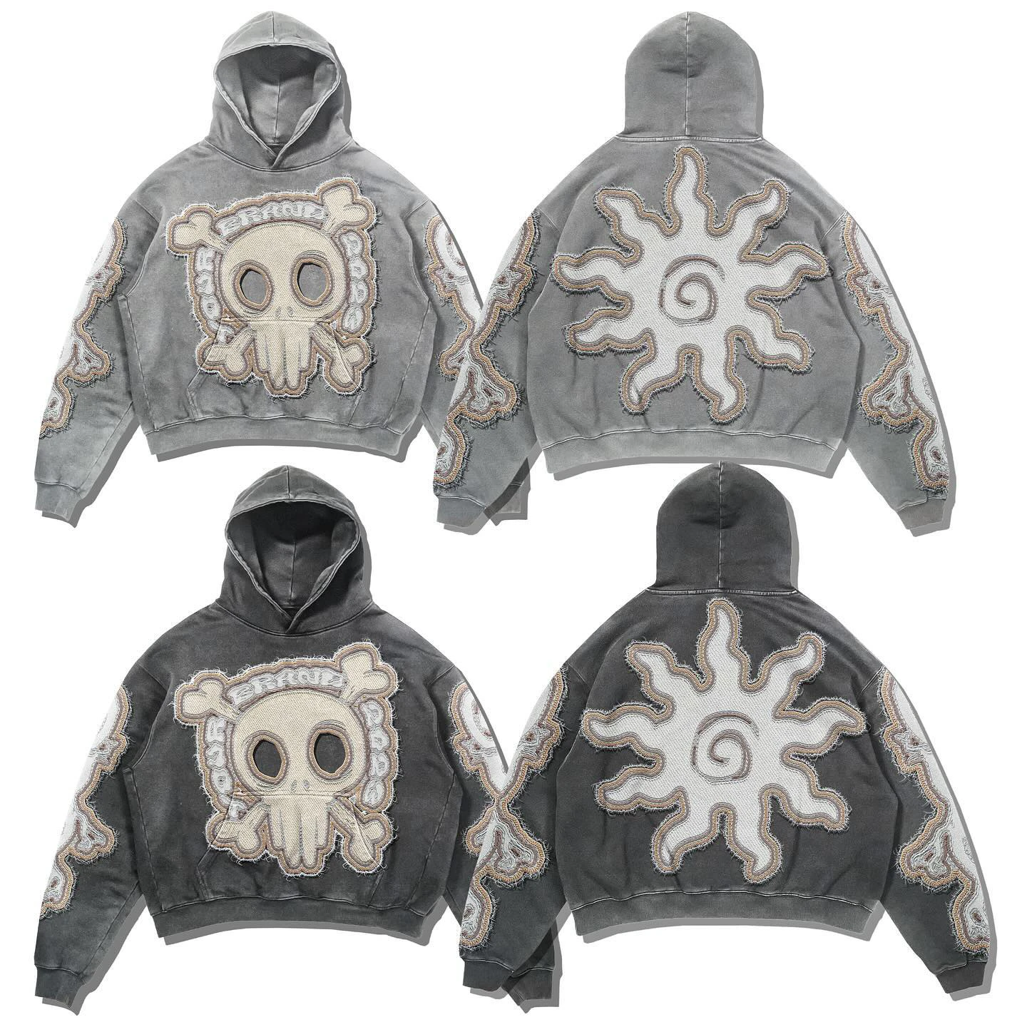 Custom Logo Fashion Hip Hop Vintage Stone Washed Chenille Distressed Applique Embroidery Crop Top Hoodie