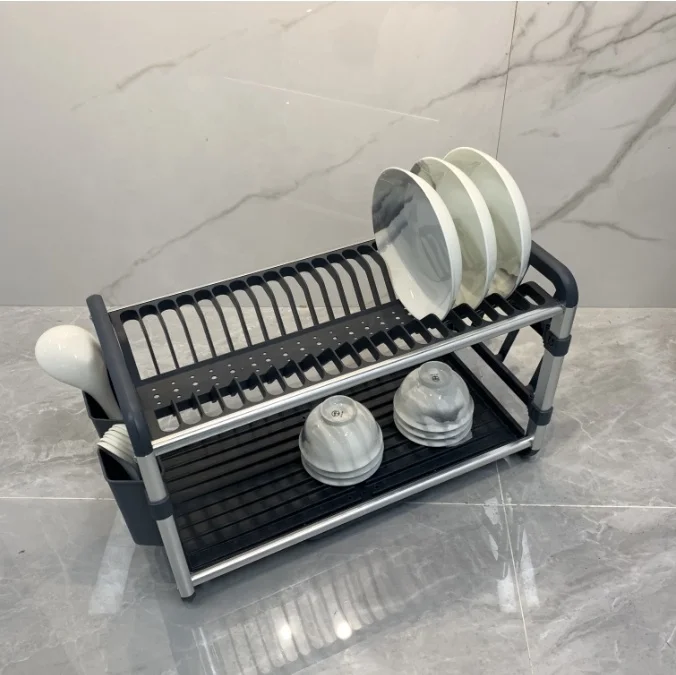 Aluminum Tableware Storage Dish Rack 2 Tier Dish Drying Rack Cutlery Drainer Layer Dish Drain Rack For Kitchen