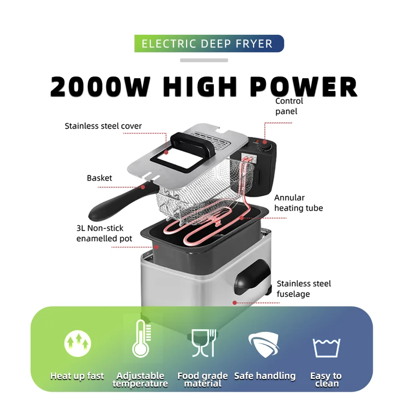 Commercial electric 2000W 3L with timer portable stainless steel electric oil deep fat fryers for fried chicken home chips