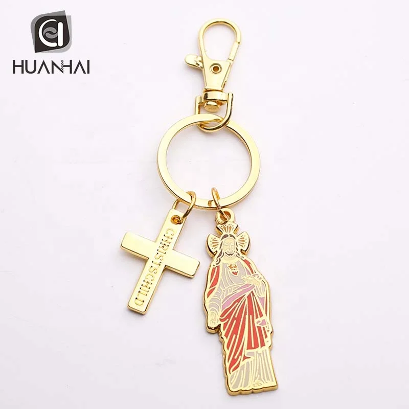 customize similar design gold plated metal hard enamel jesus cross keychain