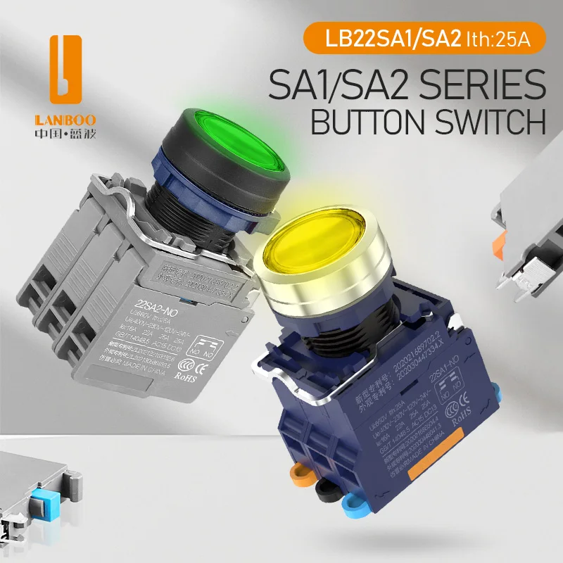 LANBOO SA1-P/SA2-P 25A High Current Metal Button Switch Screw Foot Plastic With Light Red Green 1NO1NC
