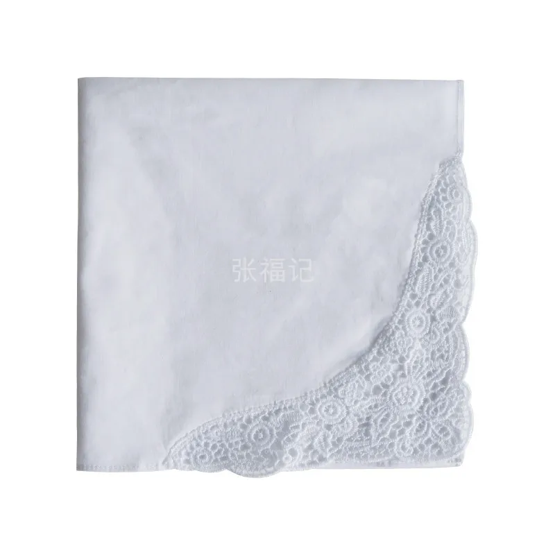 Women Wedding Gift Cotton Embroidered Customized White Handkerchief With Lace