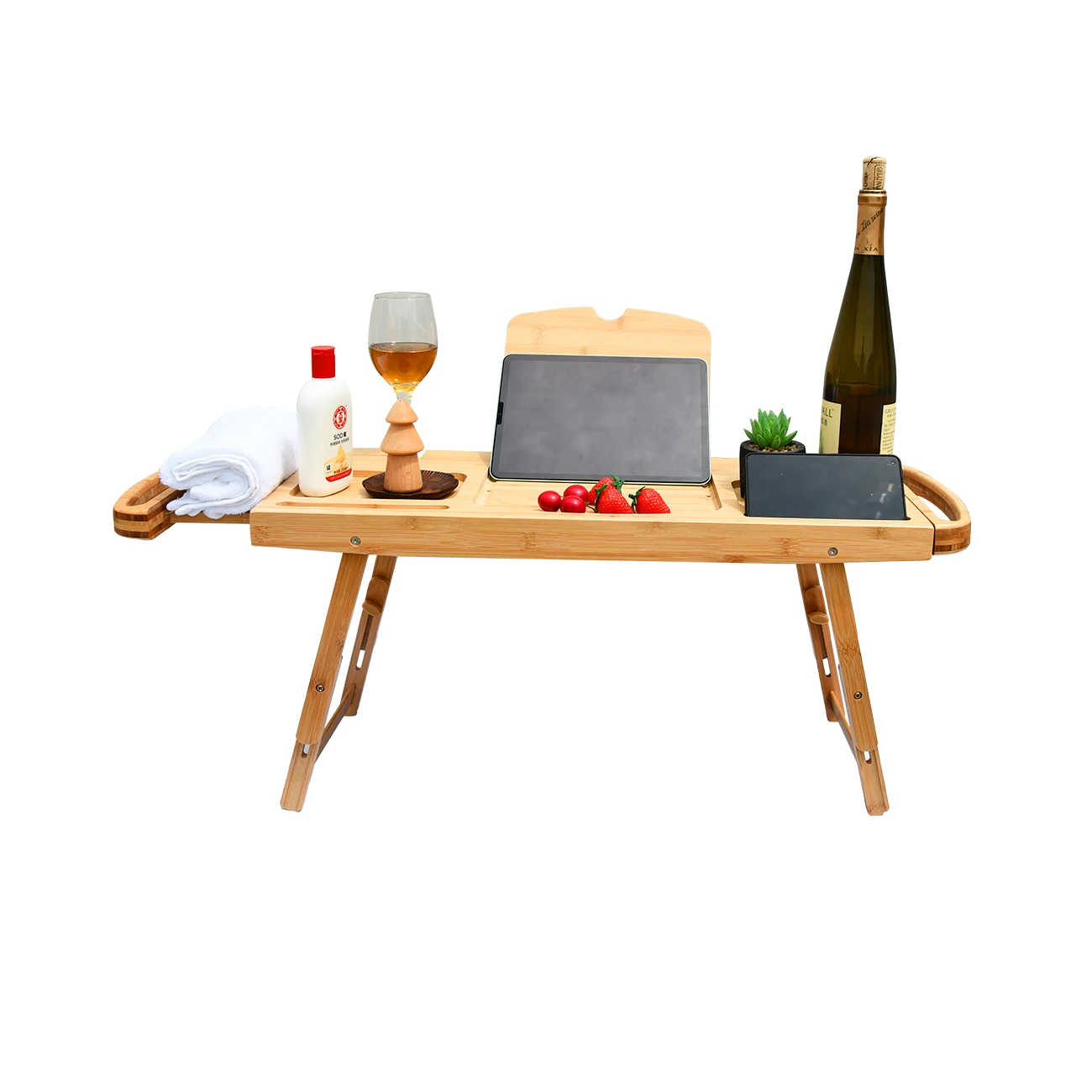 Натуральная бамбуковая деревянная Водонепроницаемая Ванна Caddy и поднос для кровати со складными выдвижными дужками канавки устройства