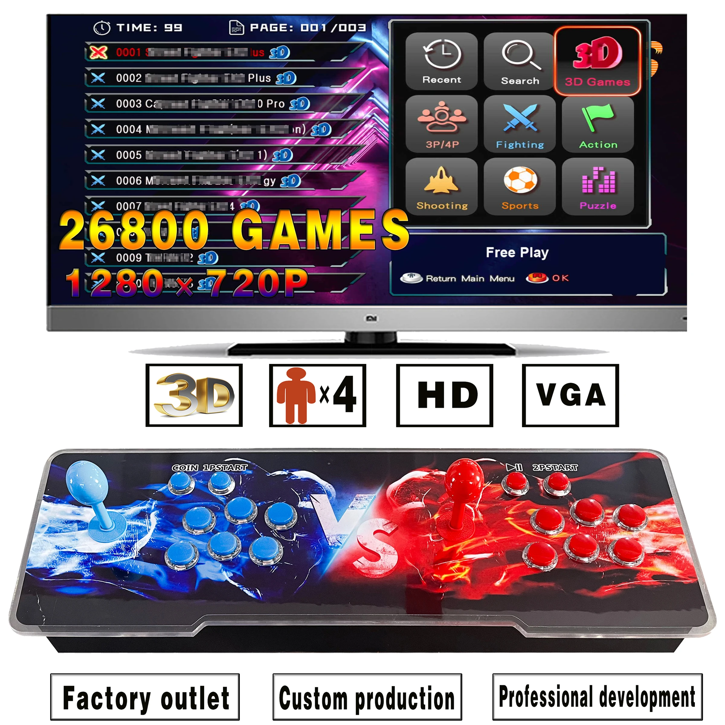 Custom joysticks game controllers Hd Vga output Arcade game box console box 26800 in 1 game