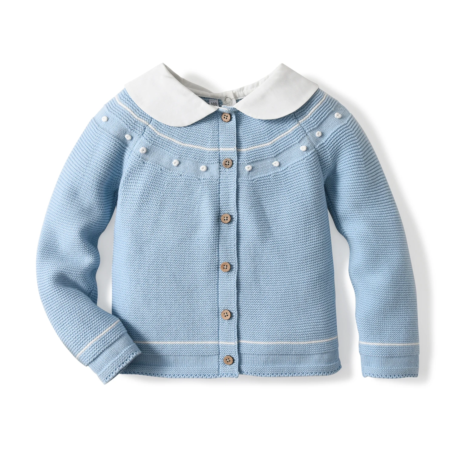 Custom Winter Children Boutique Blue Knitwear Autumn Long Sleeve Peter Pan Collar Baby Cardigan Knitted Kids Sweater