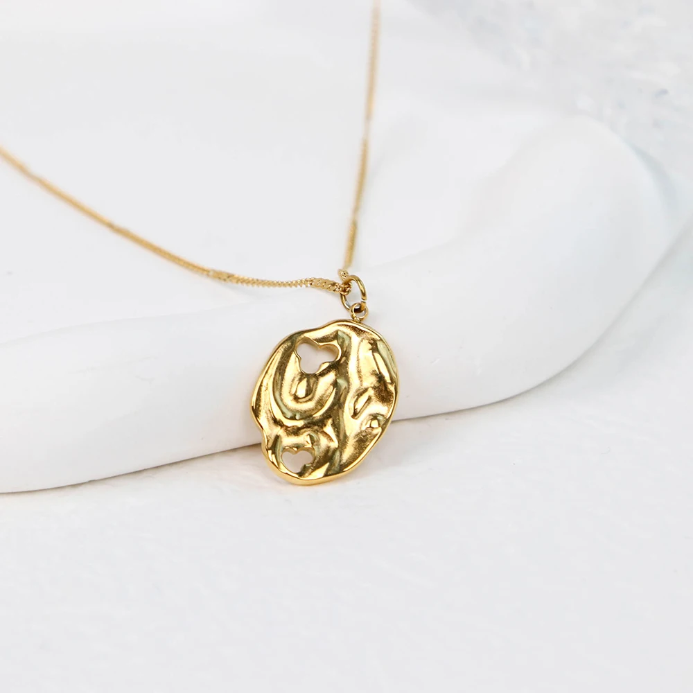 Chris April Fashion design PVD gold plated 316L stainless steel  bumpy texture hollow rocky organic pendant necklace