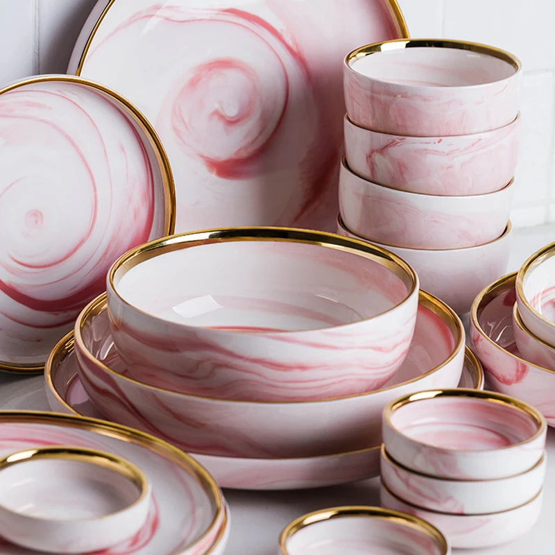 Горячая Распродажа, розовый мраморный набор посуды, Золотая посуда vajilla для дома, отеля, ресторана