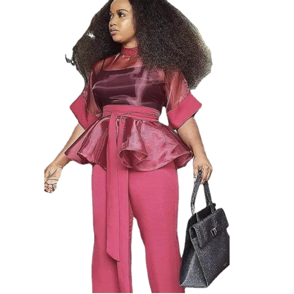 Wholesale ready to ship fashion lace two piece top and pants women suit
