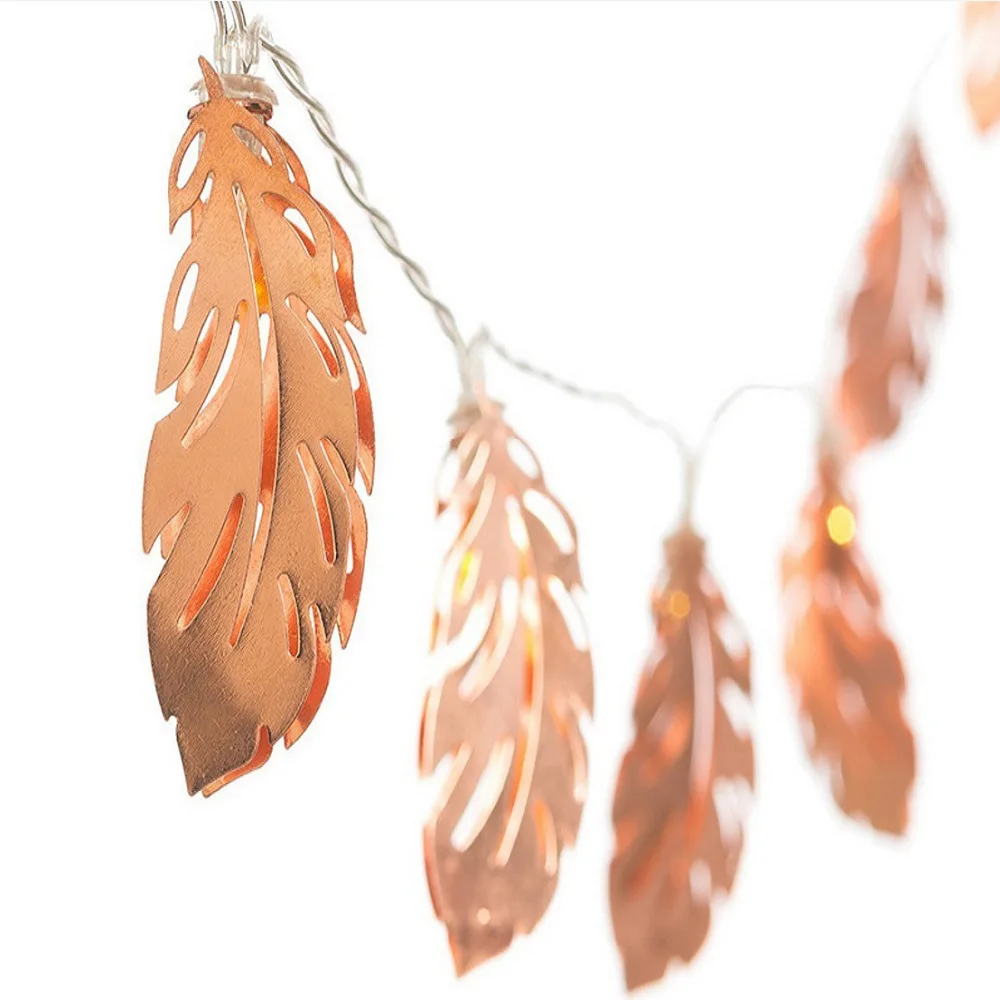 
Metal iron rose gold feather leaf shape plug in USB Battery lamp better homes and garden patio decor led string lights 