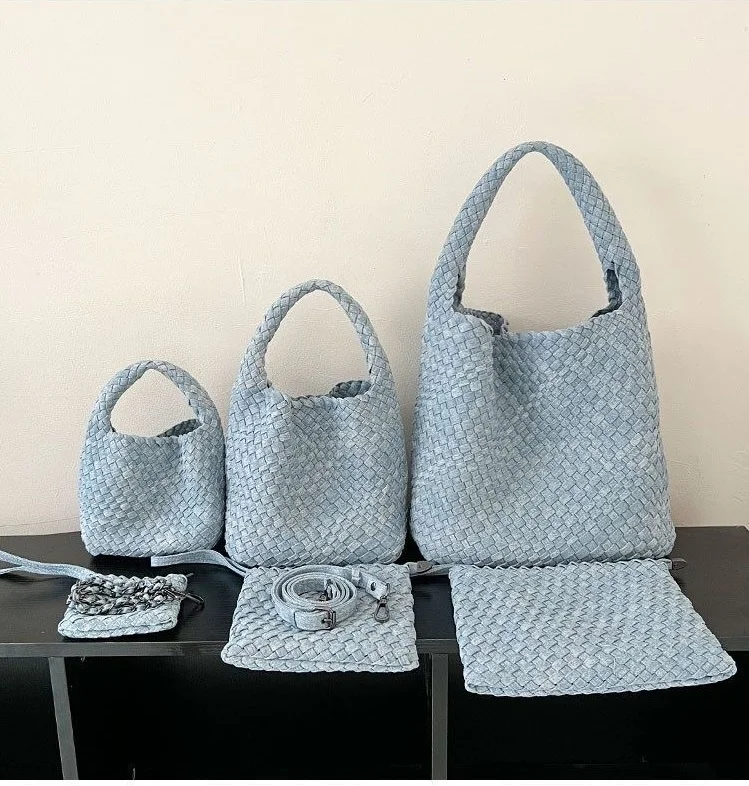 Factory Price 2 Pieces Set Weave Mini Medium Large Bags Handbag Woven Denim Tote Bag