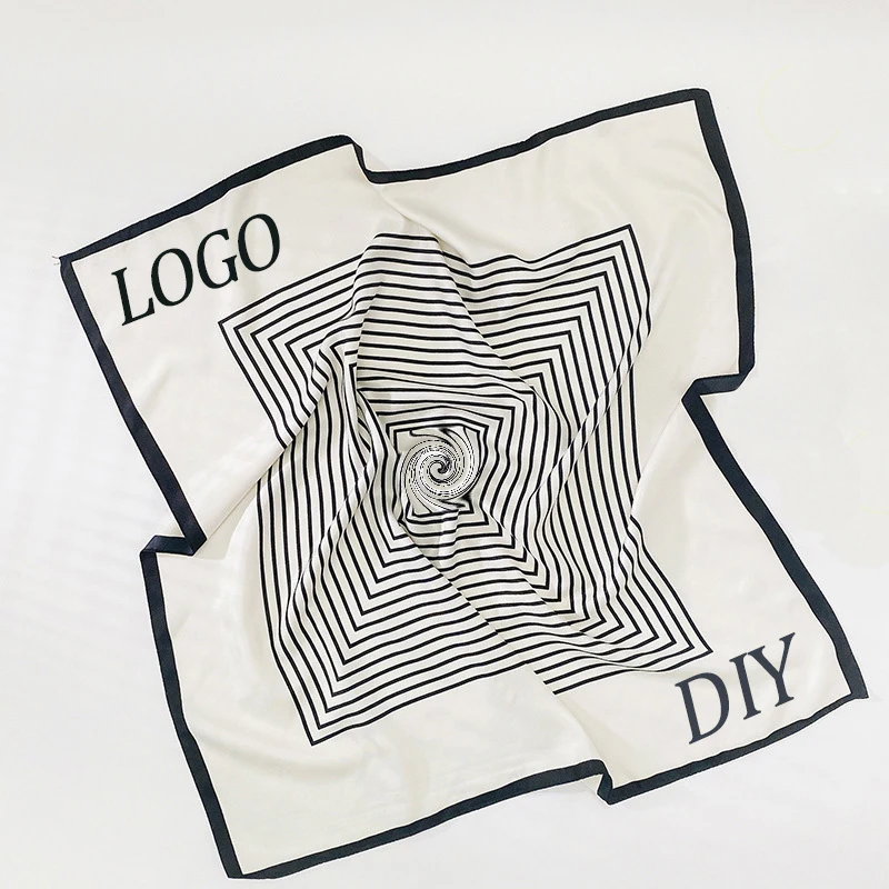 Атласный шарф с индивидуальным принтом, Шелковый персонализированный квадратный черный белый женский платок, платок для волос