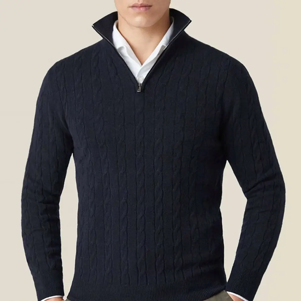 Custom Cable Knit Zip-Up Cashmere Pullovers Men Twist V Neck Winter Hoodies Sweater Jumpers For Men