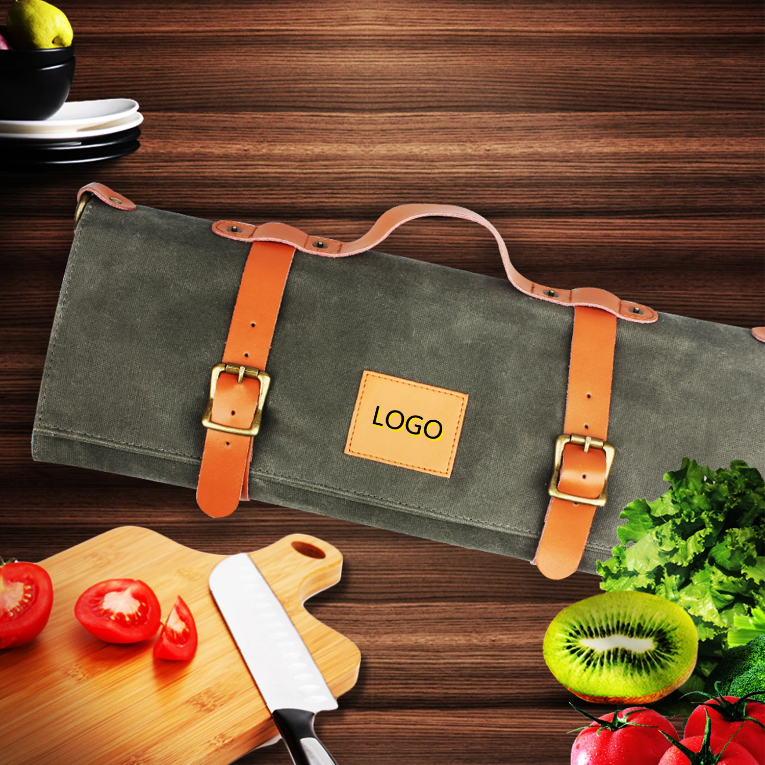 Factory Customize Knife Bag Chef Canvas Roll Bag Custom Leather Carrying Storage Case with 11 Pocket