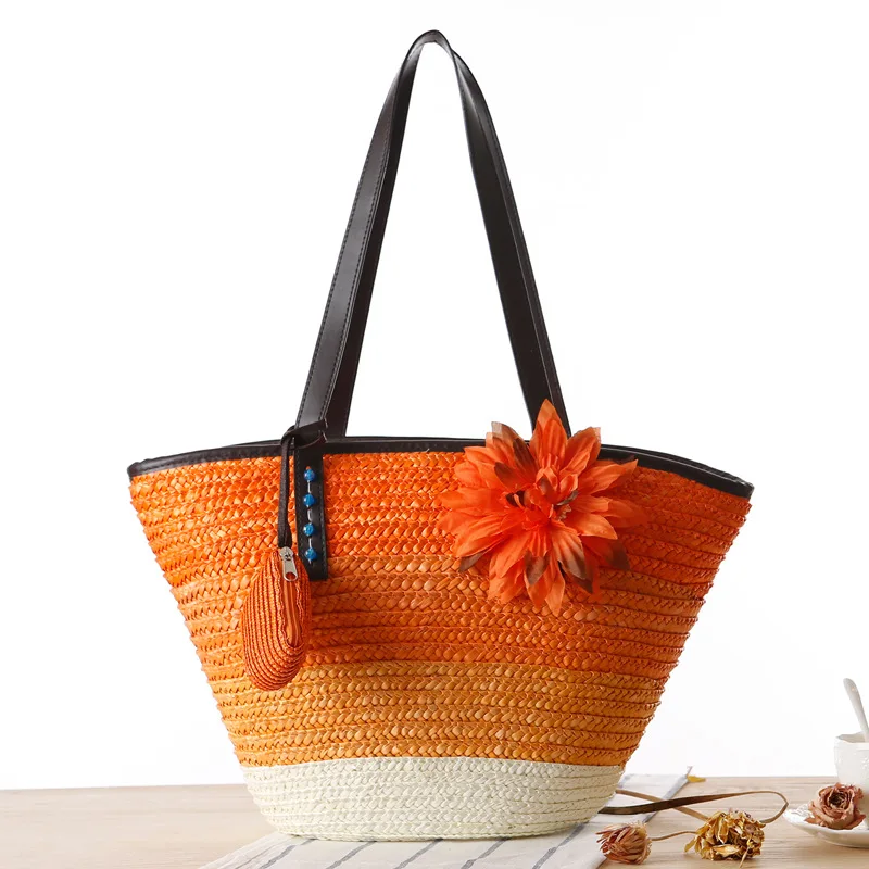 PU Handle Summer Travel Ombre Wide Colorful Stripes Flower Decoration 2Pcs Set Wheat Straw Basket Tote Beach Bag with Coin Purse