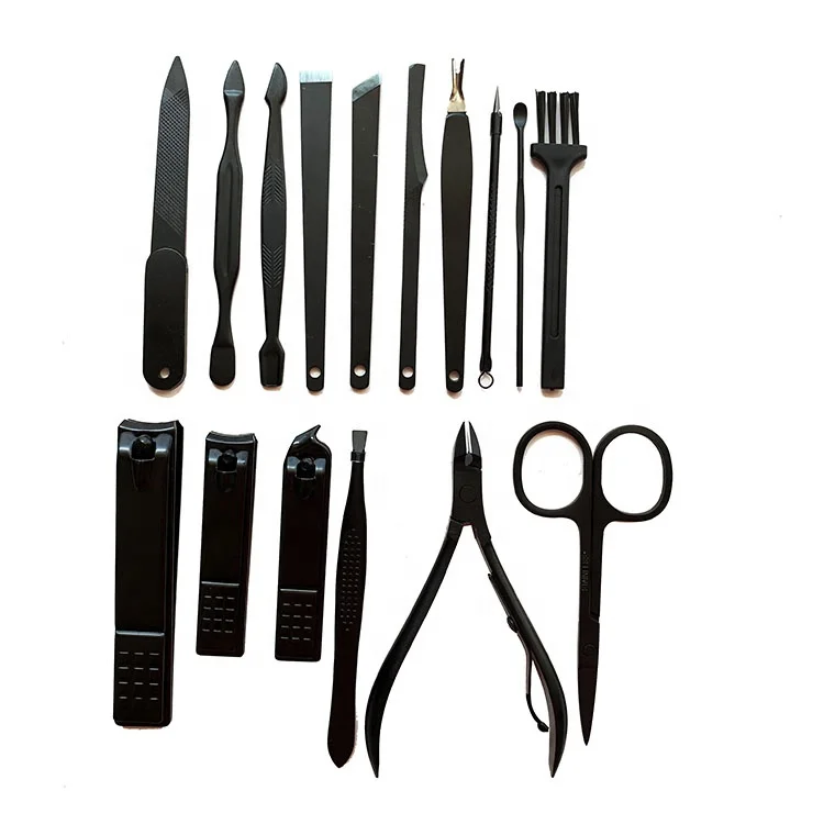 Professional Custom Nail Care Black Set 16-In-1 Personal Grooming Beauty Tool Kit Salon Manicure Care Set With Leather Bag