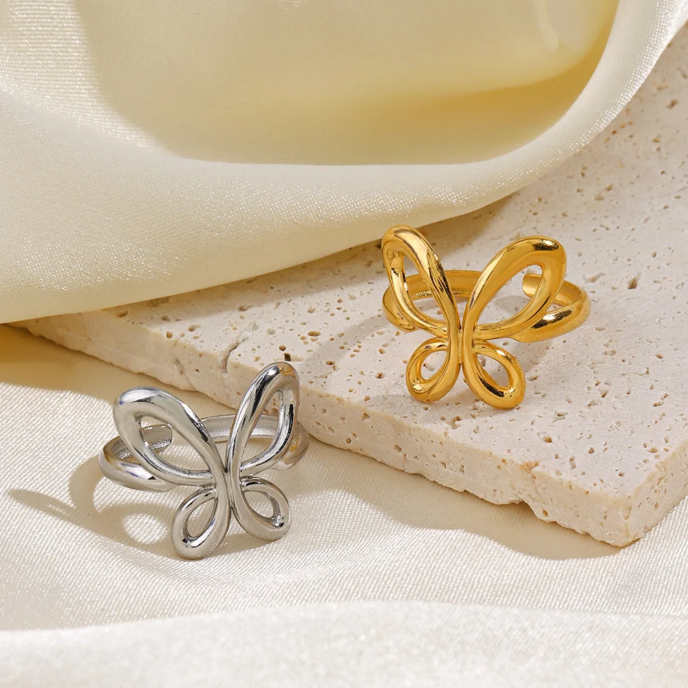 Fashion Exquisite Stainless Steel Design Open Ring Simple Hollow Non-Fading Ring Girl Party Butterfly Shape Jewelry Ring