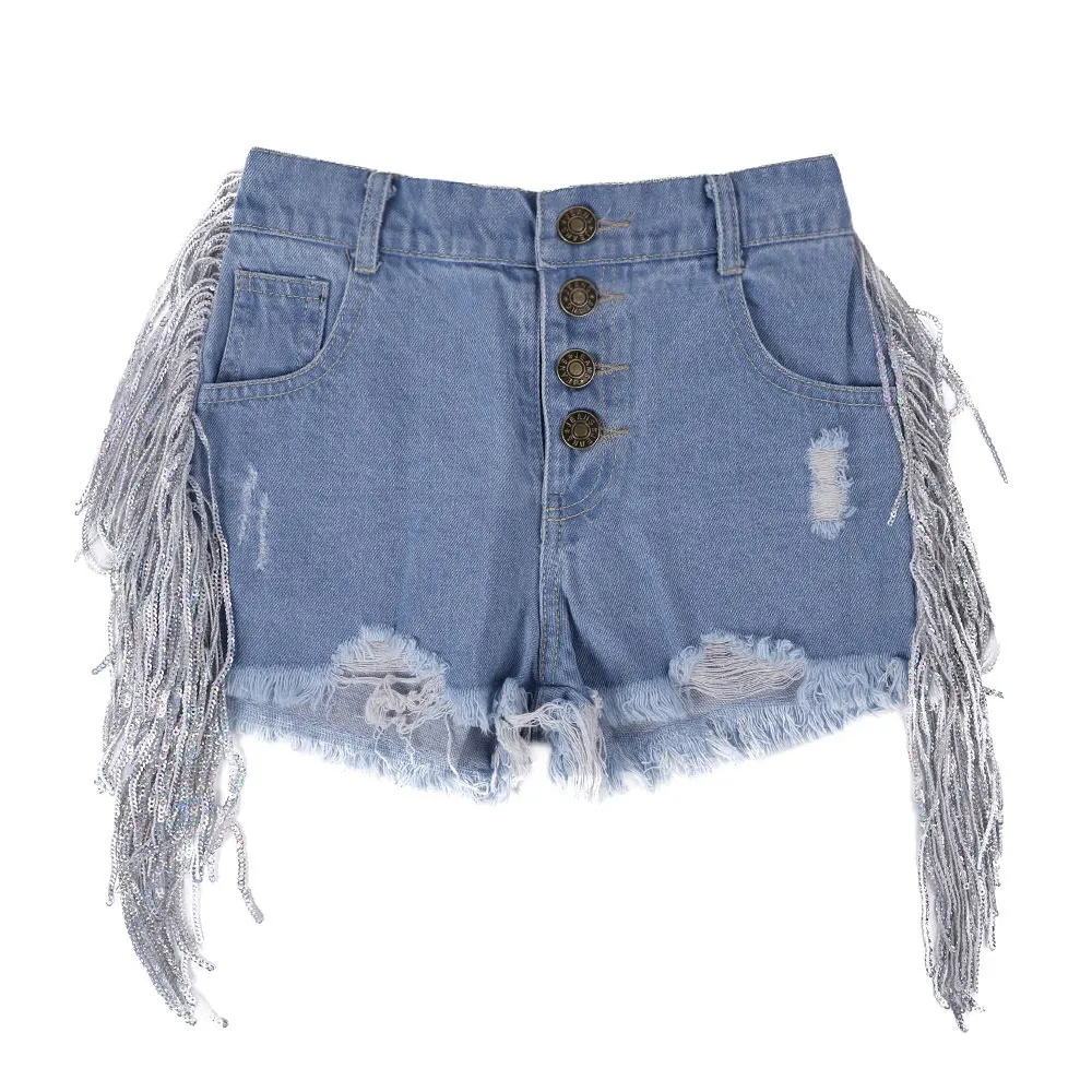 Rarewe Summer Sequin Tassel Hot Shorts Kids Distressed Ripped Jeans Shiny Fringe Girls Denim Shorts