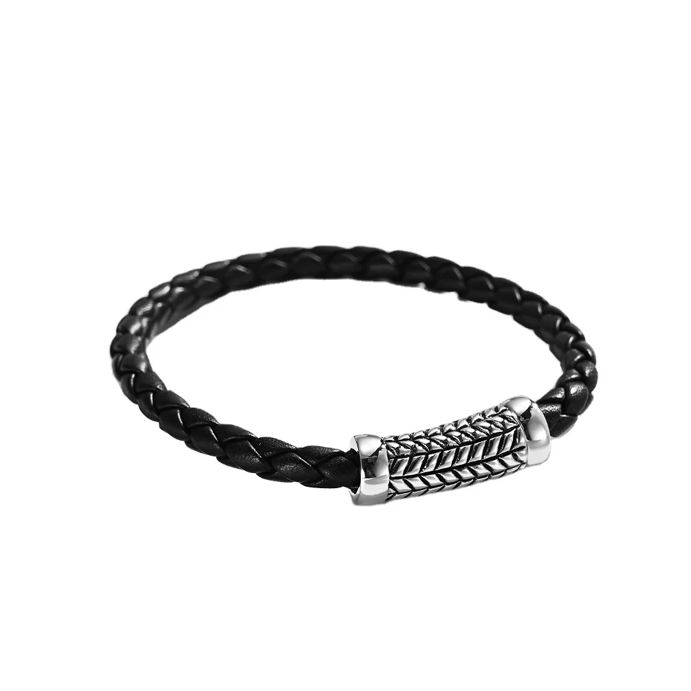 Retro Stainless Steel Twisted Wire Black Handmade Braided Leather Bracelets Jewelry Men Bracelet