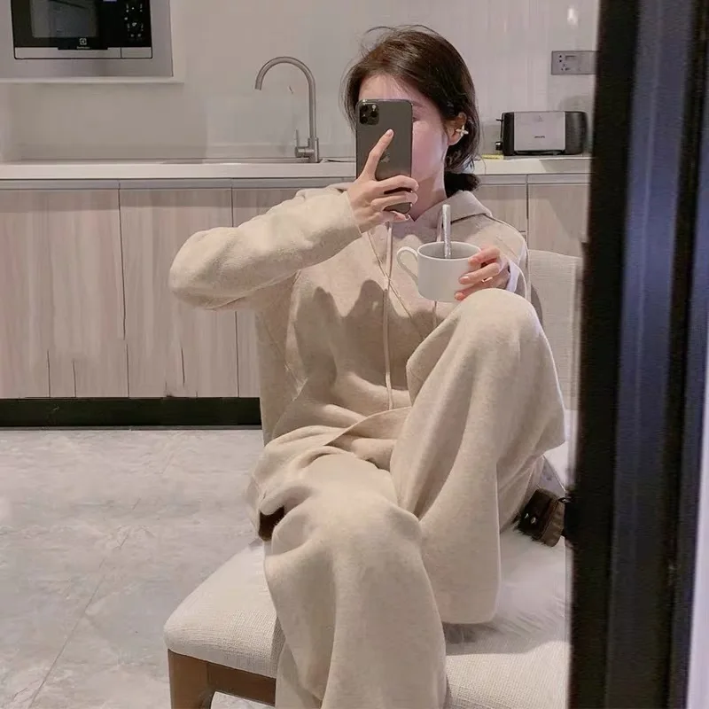 OEM/ODE Fall And Winter Loose Fashion Suit Women Oversized Hoodie Sweatshirt Knitted Sweater Wide Leg Pants Casual Two-piece Set
