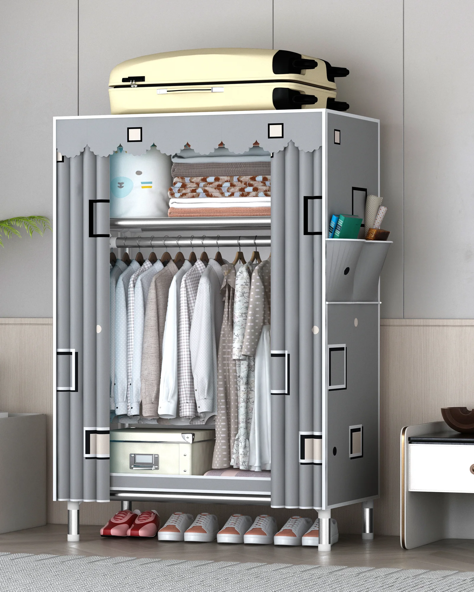 Hot Selling Good Quality Simple Fabric Wardrobe Designs Cloth Metal Frame Wardrobe