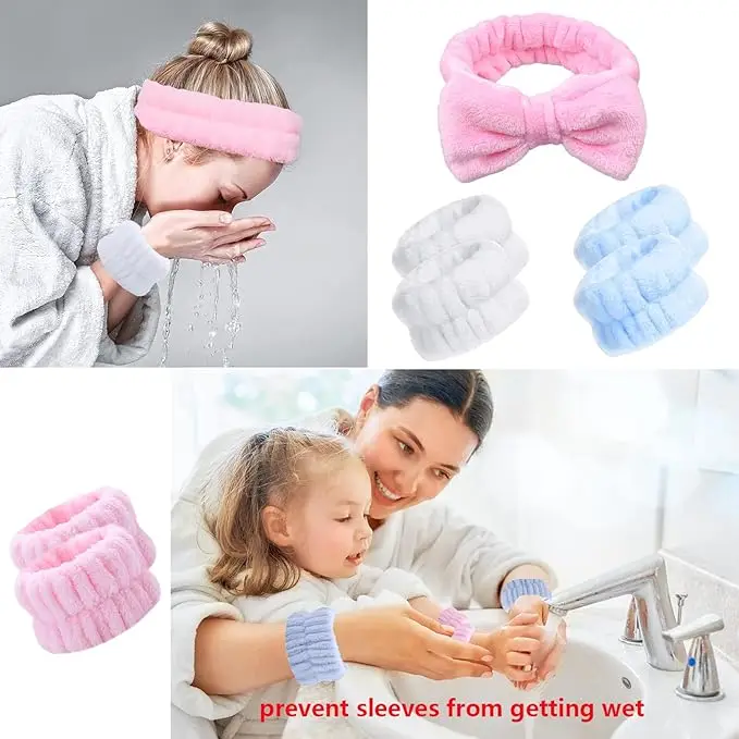 Custom Logo Elastic Flannel Facial Wrist Towel Cuff Makeup Washband Wrist band Skincare Spa Headband And Face Wash Wristband Set