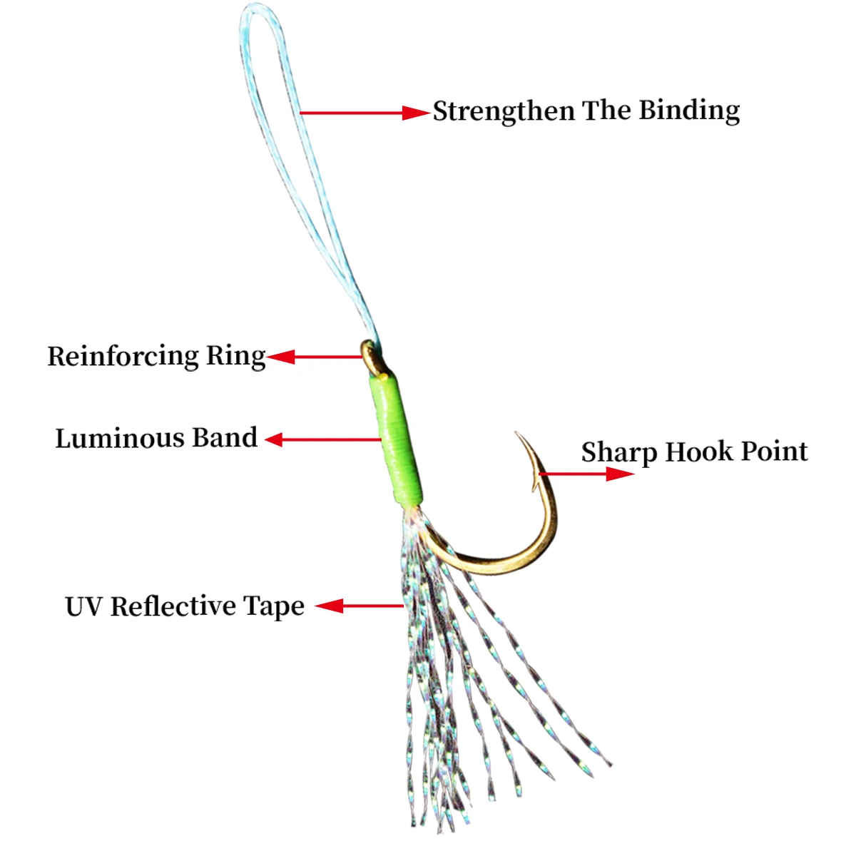 Golden small iron plate hook with barbed ribbon, silk luminous binding, single hook slow rocking hook fishing equipment