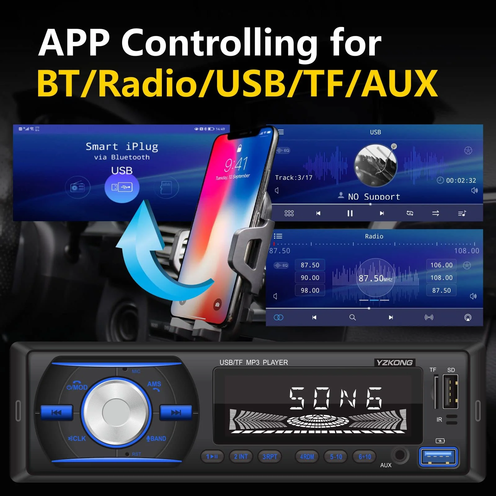 Автомобильный стереоприемник с Bluetooth ЖК-дисплеем AM/FM-радио mp3-плеером USB SD AUX встроенным микрофоном