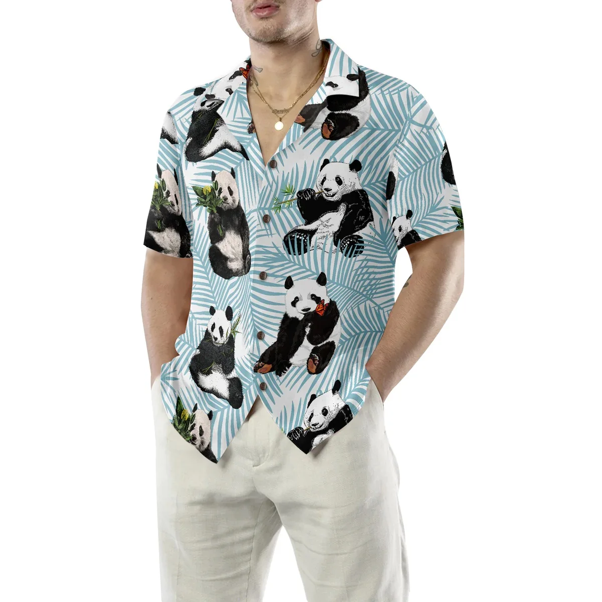 2023 New design custom print pattern Panda On Palm Leaves rayon Hawaiian Shirt