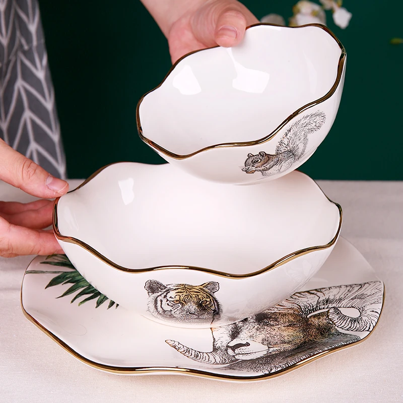 wholesale high quality decal animal pattern tableware rippled edge noddle soup ceramic bowl with gold rim
