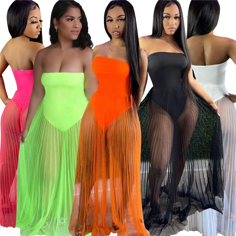DUODUOCOLOR Summer fashion new style solid color see through gauze skirt trending 2021 sexy club long dress D98144