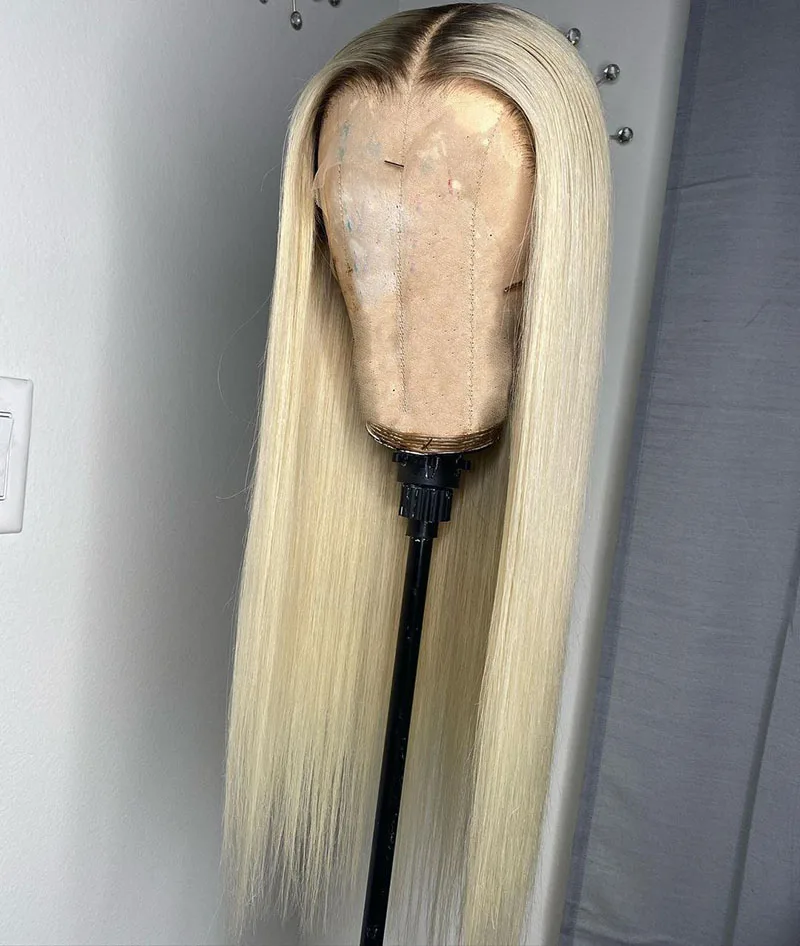 
Honey Blonde 613 Straight Lace Front Human Hair Wigs Brazilian Virgin Hair 1B/613 Dark Root Ombre Wig For Woman 