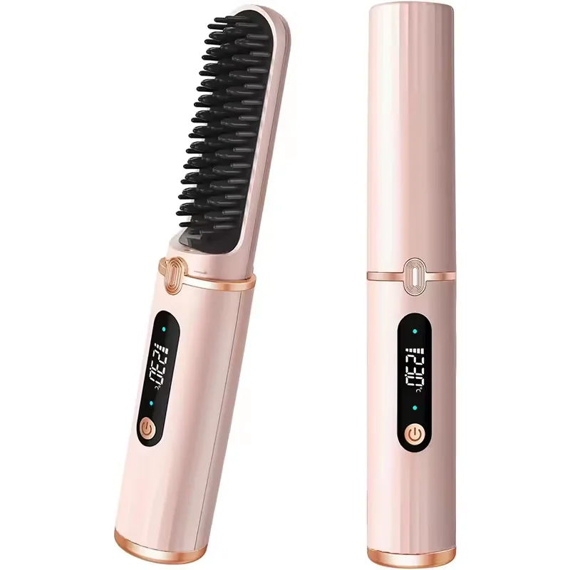 2 In 1 Cordless Portable Straightening Brush 30s Fast Heating Electric Comb Hair Straightening Lcd Display For Smooth