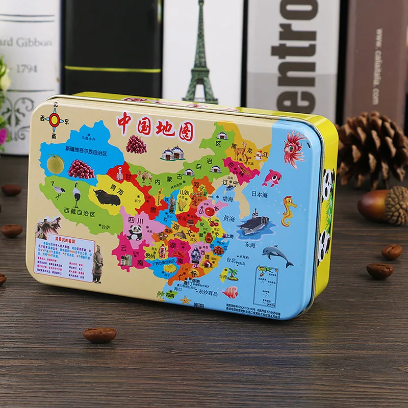 Educational Toy 60 Pieces Set Popular Children Play Wooden Cartoon Puzzles Iron Box Jigsaw Puzzles