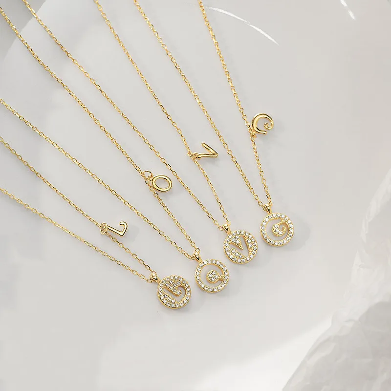 fashion jewelry 925 sterling silver 26 letter double alphabet zircon diamond round coin pendant gold plated necklaces women