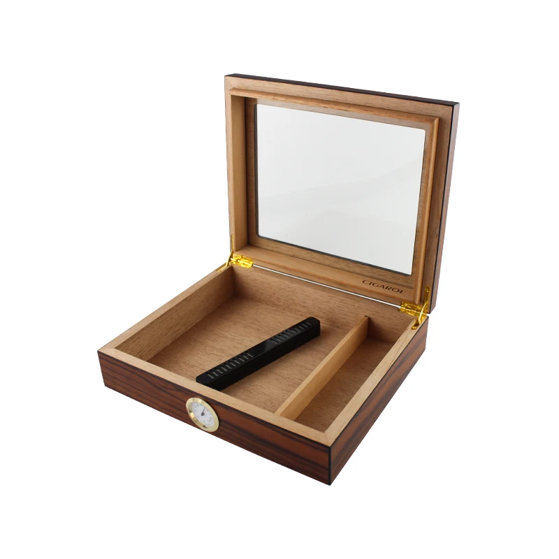 Glass Top Handcrafted Cigar Humidor Matt Printin Cedar Wooden  Cigar Box With Hygrometer And Humidifier Holds 25-30 Cigar