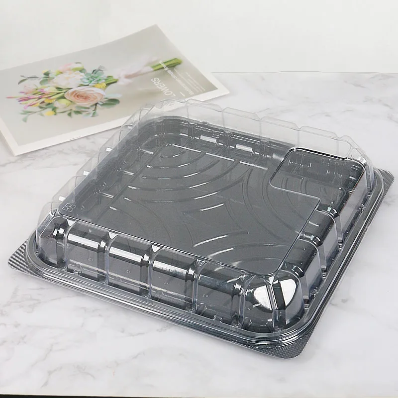 Wholesale 10 Inch Supermarket Plastic Clear Square Flat Cake Boxes Container Black Disposable Sushi Packaging Box