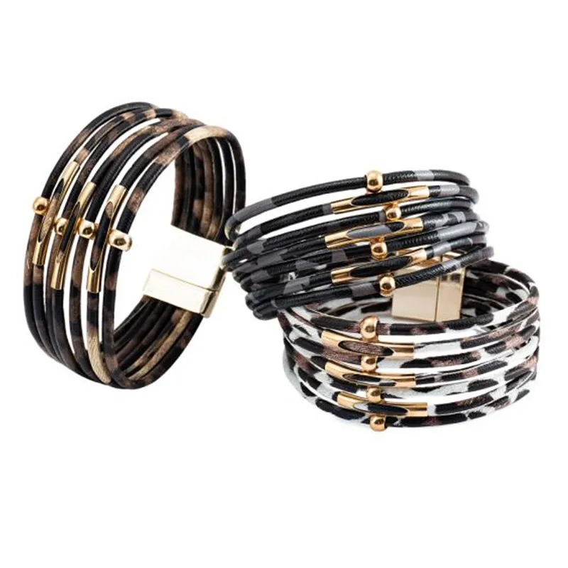 2020 fashion bracelets bangles multilayer wrap leopard leather bracelet for women gold plated copper beads magnetic clasp m