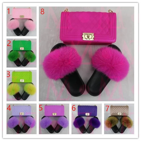 
mommy and me kids colorful girls fanny packs jelly bags purse pures set bulk and with matching fur sandals slides slippers 